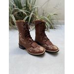 COTURNO COUNTRY EM COURO MARROM BORDADO FLORES COM FRANJA E COM METAIS STRASS