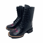 KIT COTURNO COUNTRY COURO PRETO BORDADO ROSA + BAINHA 2 EM 1 + FACA + FRANJA
