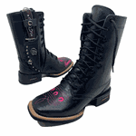 KIT COTURNO COUNTRY COURO PRETO BORDADO ROSA + BAINHA 2 EM 1 + FACA + FRANJA