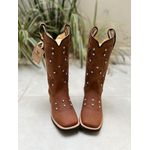PRONTA ENTREGA - BOTA TEXANA EM COURO HORSE NESCAU BORDADO RAMOS MARROM COM METAIS STRASS