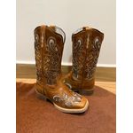 PRONTA ENTREGA - BOTA TEXANA EM COURO CARAMELO A LASER GLITTER DOURADO INTEIRA