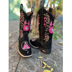 BOTA TEXANA EM COURO PRETO BORDADO NOSSA SENHORA E FLORES