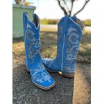 BOTA TEXANA EM COURO AZUL BORDADA COM SOLADO DE COURO