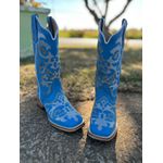 BOTA TEXANA EM COURO AZUL BORDADA COM SOLADO DE COURO