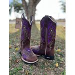 BOTA TEXANA EM COURO CAFÉ BORDADO TRIBAL ROXO