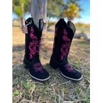 BOTA TEXANA EM COURO NOBUCK PRETO BORDADO FLORES E RAMOS ROSA
