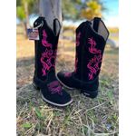 BOTA TEXANA EM COURO NOBUCK PRETO BORDADO FLORES E RAMOS ROSA