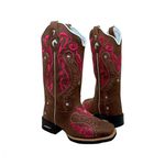 BOTA TEXANA EM COURO CAFÉ BORDADO TRIBAL ROSA