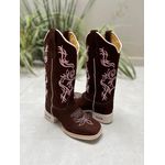 BOTA TEXANA EM COURO NOBUCK CAFÉ BORDADO FLORES E RAMOS ROSA SOLADO BRANCO