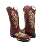 BOTA TEXANA EM COURO LÁTEGO MARROM BORDADO DOURADO