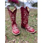 BOTA TEXANA EM COURO VERMELHO BORDADO CRUZ E RAMOS