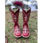 BOTA TEXANA EM COURO VERMELHO BORDADO CRUZ E RAMOS