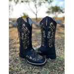 BOTA TEXANA EM COURO PRETO A LASER GLITTER DOURADO