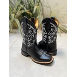 BOTA TEXANA EM COURO PRETO BORDADO FLORES BRANCO