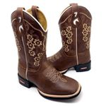 BOTA TEXANA EM COURO BORDADO FLORES BEGE E MARROM