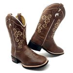 BOTA TEXANA EM COURO BORDADO FLORES BEGE E MARROM