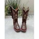 BOTA TEXANA EM COURO MARROM A LASER GLITTER ROSA + KIT FACA