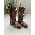 BOTA TEXANA EM COURO MARROM A LASER GLITTER ROSA + KIT FACA
