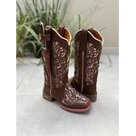 BOTA TEXANA EM COURO MARROM A LASER GLITTER ROSA + KIT FACA