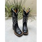 BOTA TEXANA EM COURO NOBUCK PRETO COM BORDADO FLORES E RAMOS BRANCO