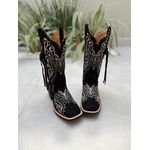 BOTA TEXANA EM COURO PRETO BORDADO TRIBAL COM TRICE E CORDINHAS