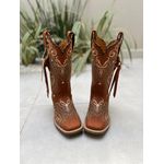 BOTA TEXANA EM COURO BORDADO TRIBAL DOURADO E VERDE ÁGUA COM TRICE E CORDINHAS