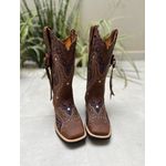 BOTA TEXANA EM COURO BORDADO TRIBAL AZUL COM TRICE E CORDINHAS 