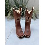 BOTA TEXANA EM COURO MARROM CRUZ PRETA E BEGE