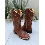 BOTA TEXANA EM COURO MARROM CRUZ PRETA E BEGE