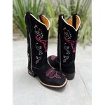 BOTA TEXANA EM COURO PRETO BORDADO TOURO ROSA