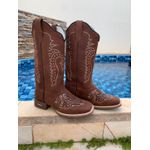 BOTA TEXANA EM COURO BORDADO CHEIO PONTILHADO SOLADO MARROM