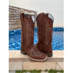 BOTA TEXANA EM COURO BORDADO CHEIO PONTILHADO SOLADO MARROM