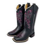 BOTA TEXANA GABRIELA EM COURO PRETO BORDADO ROSA E BRANCO