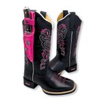 BOTA TEXANA GABRIELA EM COURO PRETO BORDADO ROSA E BRANCO + BAINHA + FACA