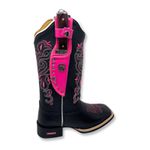 BOTA TEXANA GABRIELA EM COURO PRETO BORDADO ROSA E BRANCO + BAINHA + FACA