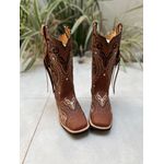 BOTA TEXANA EM COURO MARROM BORDADO TRIBAL PRETO E BEGE COM TRICE E CORDINHAS