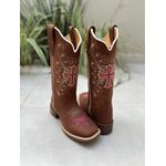 BOTA TEXANA EM COURO BORDADO CRUZ ROSA E BEGE