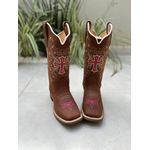 BOTA TEXANA EM COURO BORDADO CRUZ ROSA E BEGE