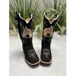 BOTA TEXANA EM COURO PRETO BORDADO CAVALO E NOSSA SENHORA + BAINHA + FACA
