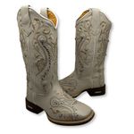 BOTA TEXANA EM COURO OFF WHITE BORDADO TRIBAL COM METAIS E STRASS