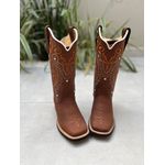 BOTA TEXANA EM COURO BORDADO TRIBAL LARANJA E BRANCO