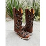 BOTA TEXANA EM COURO MARROM A LASER CRUZ BORDADO E GLITTER PRETO + METAIS E SOLADO BRANCO