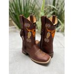 BOTA TEXANA EM COURO MARROM TOURO LARANJA COM TRICE E CORDINHAS