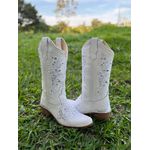 BOTA TEXANA EM COURO BRANCO COM METAIS BICO FINO SOLADO MADEIRA 