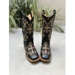 BOTA TEXANA EM COURO PRETO BORDADO CRUZ E RAMOS BEGE E MARROM 