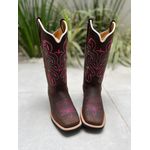 BOTA TEXANA EM COURO MARROM BORDADO ROSA