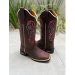 BOTA TEXANA EM COURO MARROM BORDADO ROSA