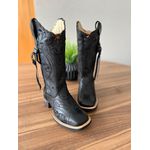 BOTA TEXANA EM COURO PRETO BORDADO TRIBAL PRETO COM TRICE E CORDINHAS 