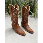 BOTA TEXANA EM COURO MARROM BORDADO BRANCO BICO FINO SOLADO MADEIRA 