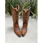 BOTA TEXANA EM COURO MARROM BORDADO BRANCO BICO FINO SOLADO MADEIRA 